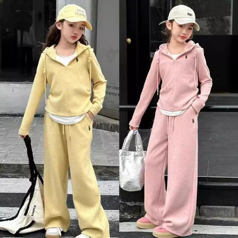 女童春季套装2025新款女中大儿童春秋款时髦洋气连帽假卫衣两件套