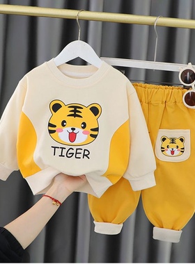 儿童春秋立体萌老虎休闲运动套装2023秋季加绒男宝宝帅气韩两件套