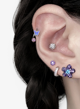 二十二丁目 紫色小花钛钢不掉色耳钉C型蝴蝶耳圈双头闪钻耳骨钉