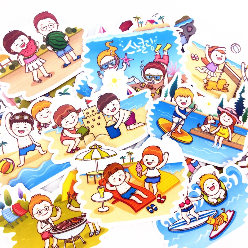 可爱手账贴纸夏日小孩沙滩游玩贴画海滩游泳手帐贴纸儿童游乐插画