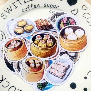 广州早茶点心贴纸广式早餐包子手账贴纸手绘蛋挞春卷食物插画32枚