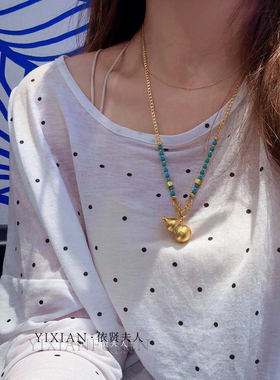 夫人手作  链条拼接松石葫芦吊坠项链新中式饰品黄金吊坠挂坠链