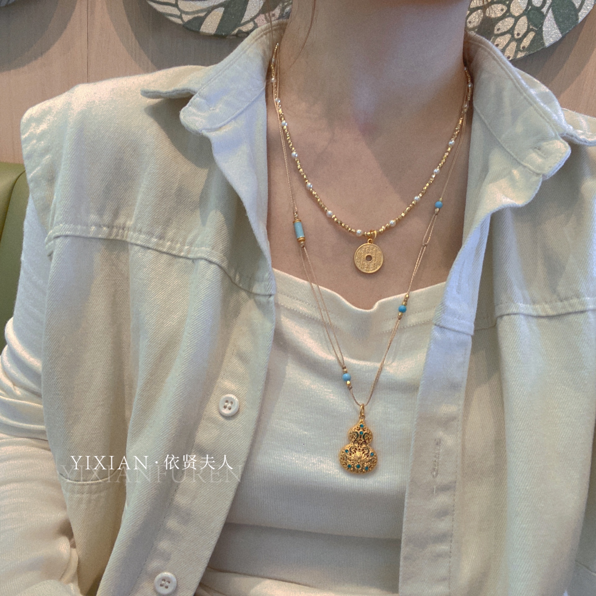新中式～美拉德编绳绿松石灵动感彩钻葫芦可调节项链毛衣链