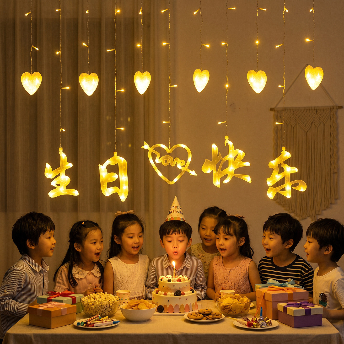 儿童生日氛围灯装饰场景布置生日快乐led灯窗帘灯彩灯串爱心灯带