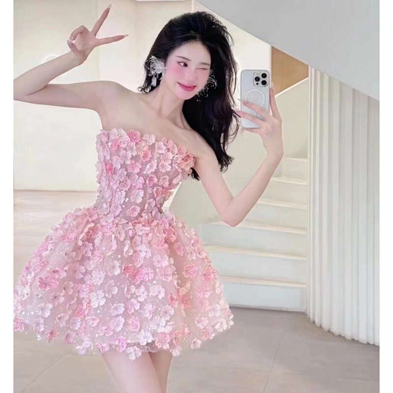 抹胸连衣裙重工立体花朵名媛成人礼礼服高端轻奢小众生日裙子