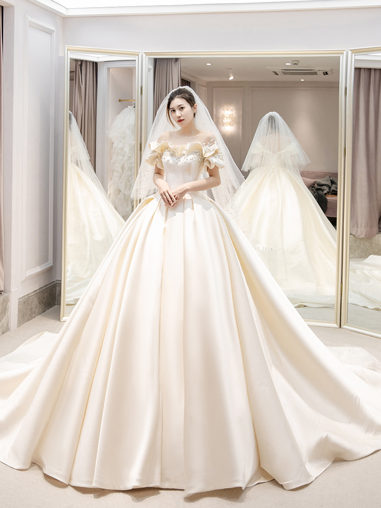  Champagne color tail wedding dress 