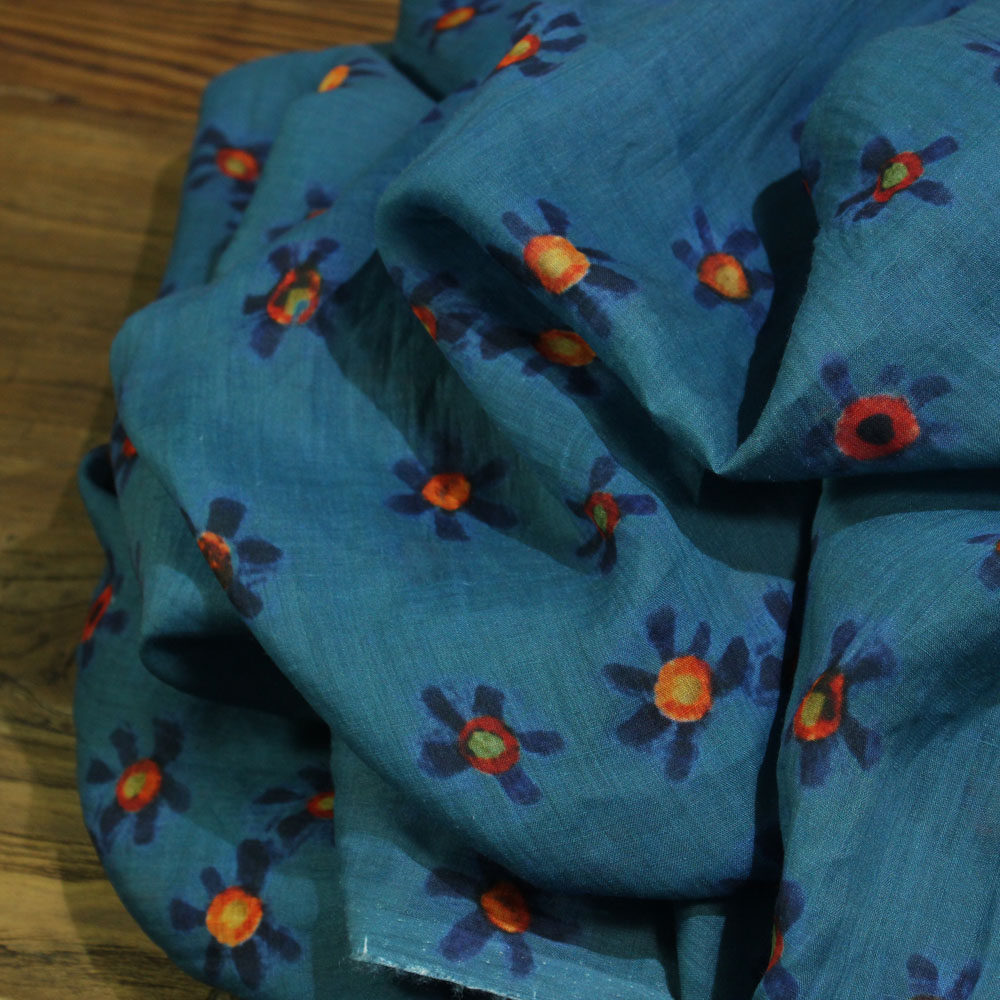 瓦娜家高品质苎麻印染花布料衬衫蓝底橘花设计裙袍子高端服装面料