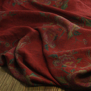 瓦娜原创高品色织纯亚麻印花超柔软亲肤布料衬衫 面料暗红 裙袍服装