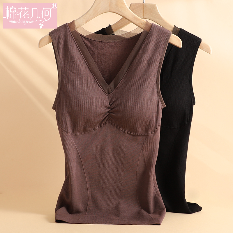 保暖透气女士V领毛圈保暖背心