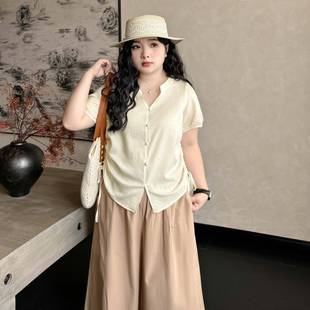 衬衣200斤夏季 大码 甜美抽绳褶皱灯笼袖 女装 上衣 韩系冰丝衬衫