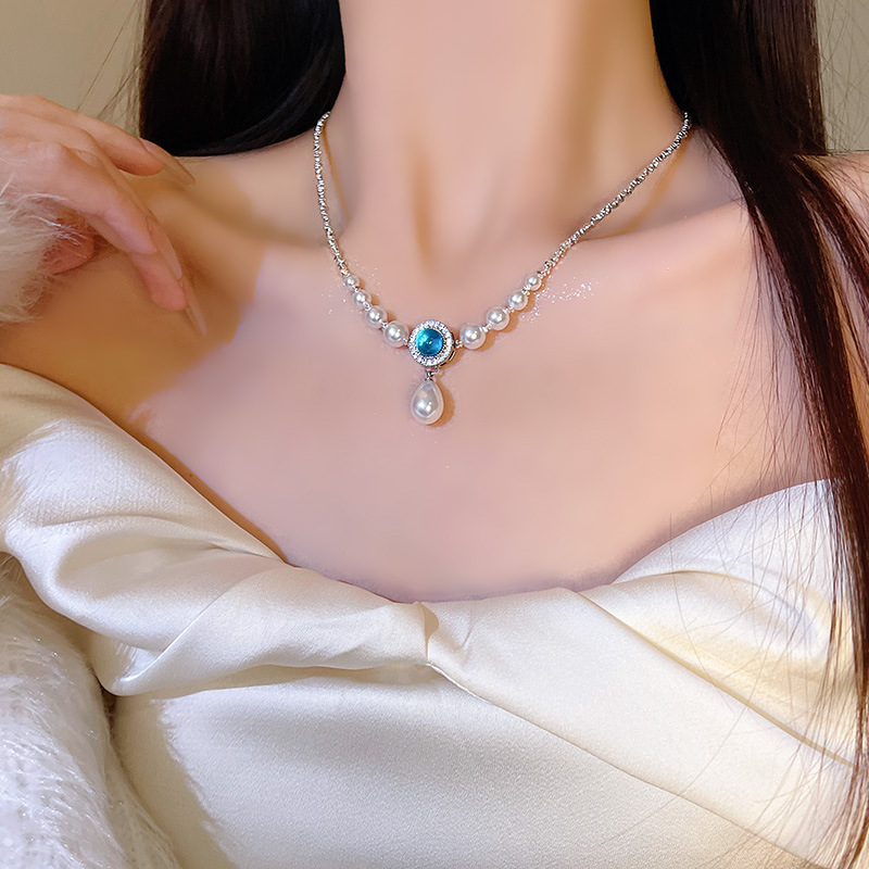 海蓝宝珍珠项链高级感蓝色锆石项链小众百搭法式复古配饰ins风