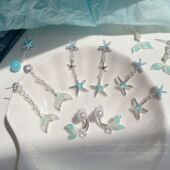 蓝色海洋海星耳环女银针精致小众设计感清新鱼尾耳钉夏季 度假耳环