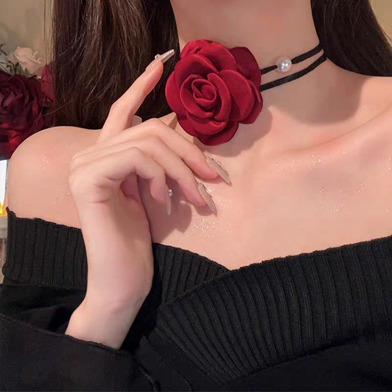 安可拉红玫瑰花项链女饰品山茶花系带项圈颈链Choker珍珠锁骨链