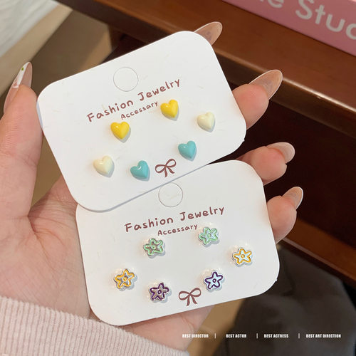 清新小巧彩色花朵耳钉套装女银针甜美爱心滴油多巴胺学生夏季耳饰