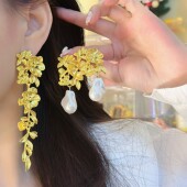 法式 金色花朵流苏耳环夸张复古高级感气质旅游风宴会耳坠中古耳夹
