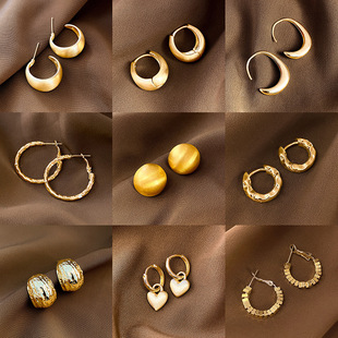 S925银针欧美爆款 简约百搭气质耳钉耳饰耳圈 金属感冷淡风耳环个性