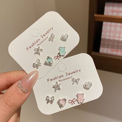 春季韩版滴油鎏金小熊耳钉套装女银针甜美可爱镶钻精致蝴蝶结耳饰