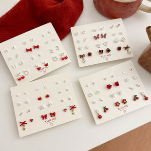秋冬新款酒红色系樱桃耳钉套装女小巧复古安卡拉红耳环百搭耳饰品