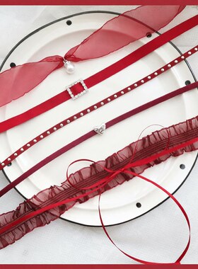 欧美饰品新款蕾丝珍珠爱心项链性感皮质项圈锁骨链安可拉红颈链