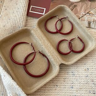 安可拉红复古大粗耳圈耳环女银针简约高级感秋冬素圈气质耳扣耳饰