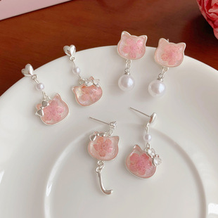 新款 春季 樱花KT猫咪系列吊坠耳环女银针粉色流苏甜美气质珍珠耳饰