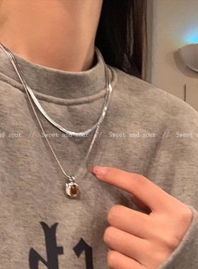 美拉德双层虎眼石项链女冷淡风复古小众百搭蛇骨链甜酷颈链锁骨链