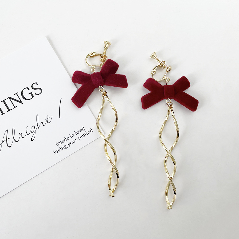 红色植绒蝴蝶结珍珠流苏耳环