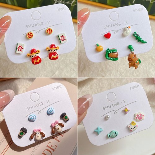 小清新卡通可爱耳钉三件套女银针个性小巧童趣小海狸小众夏季耳饰