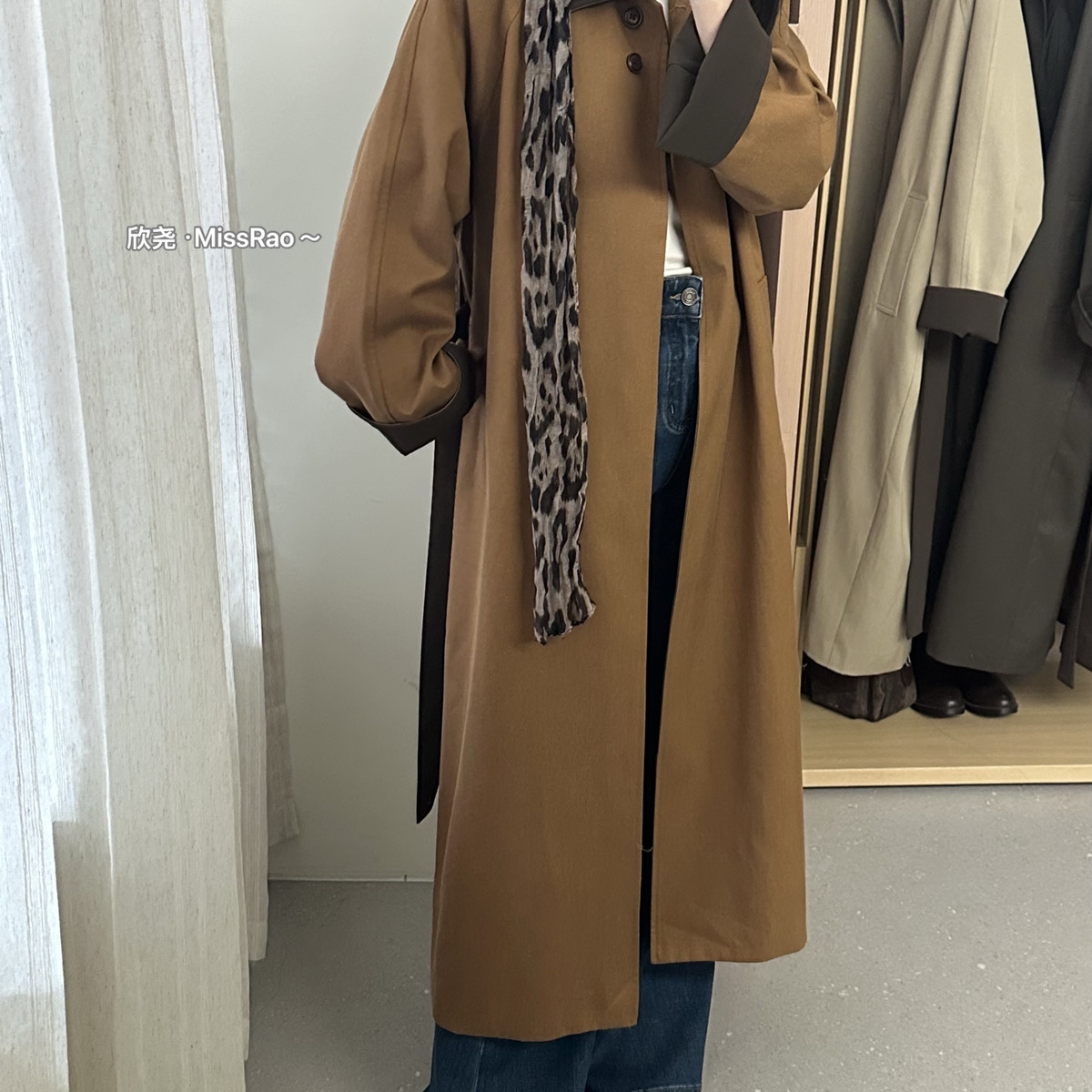 65%天丝面料长款风衣翻领带口袋配腰带宽松显瘦通勤女外套