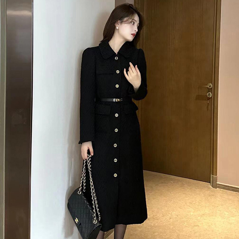 法式小香风加绒连衣裙赫本名媛气质收腰直筒垂感早秋优雅通勤长裙