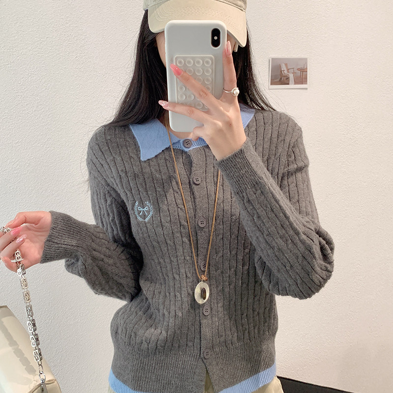 显瘦绵羊毛混纺针织开衫女POLO领蝴蝶结刺绣麻花撞色单排扣