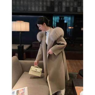 商场同款雪后初霁毛呢外套狐狸毛领连帽长款双面呢羊绒大衣女秋冬