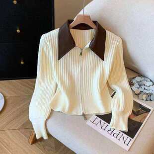 韩版针织开衫撞色皮领秋冬新款时尚百搭慵懒风休闲毛衣上衣