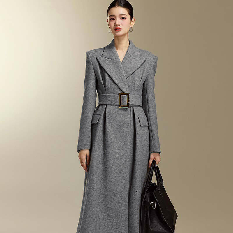 送腰带2026春季新款女法式毛呢大衣气质收腰外套中长款风衣