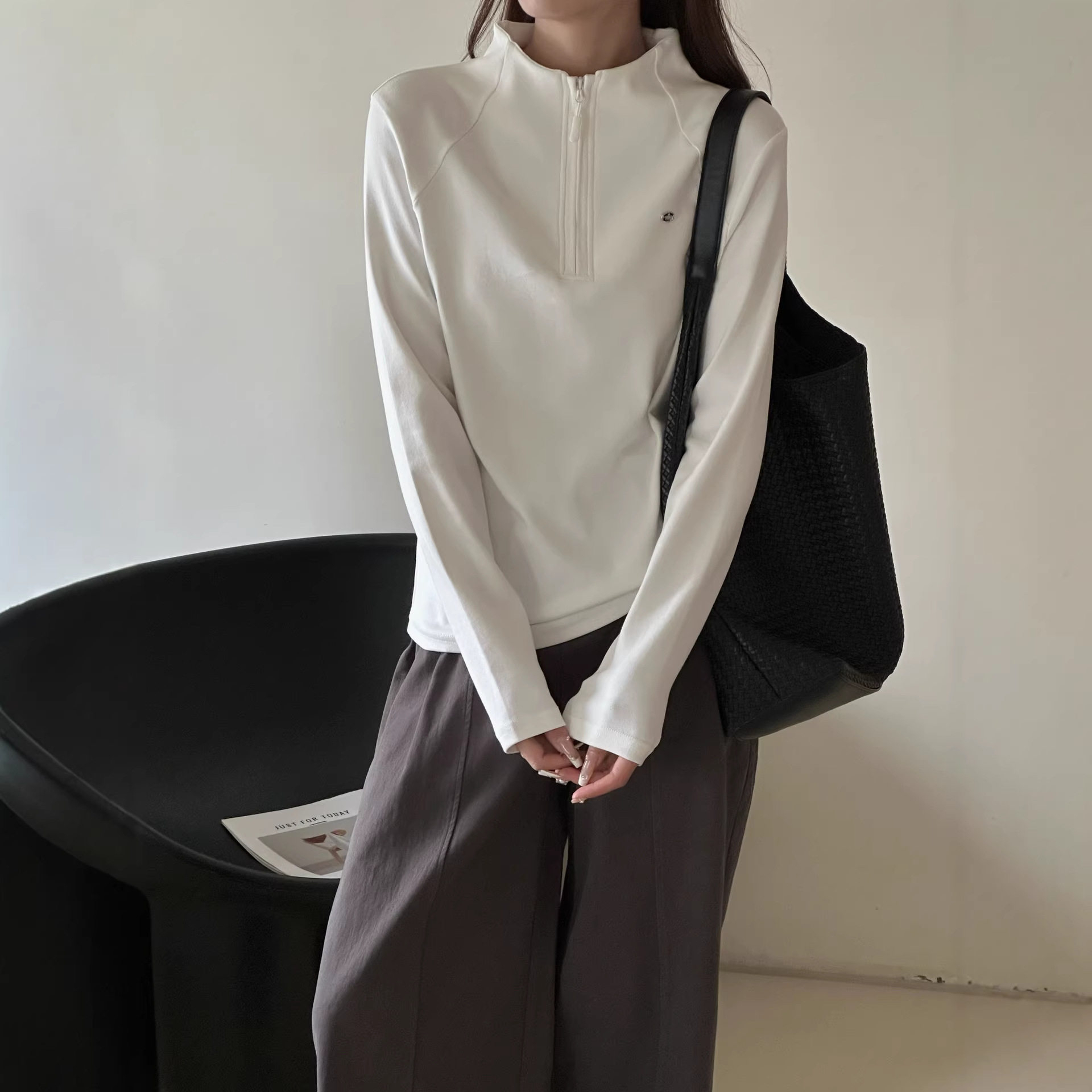 半拉链立领打底衫女内搭2026新款春季修身正肩长袖t恤上衣