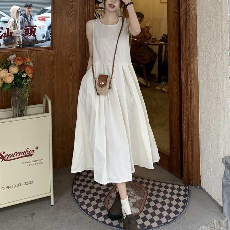 夏季新款女装茶歇法式白色无袖连衣裙小个子修身显瘦纯色背心裙潮