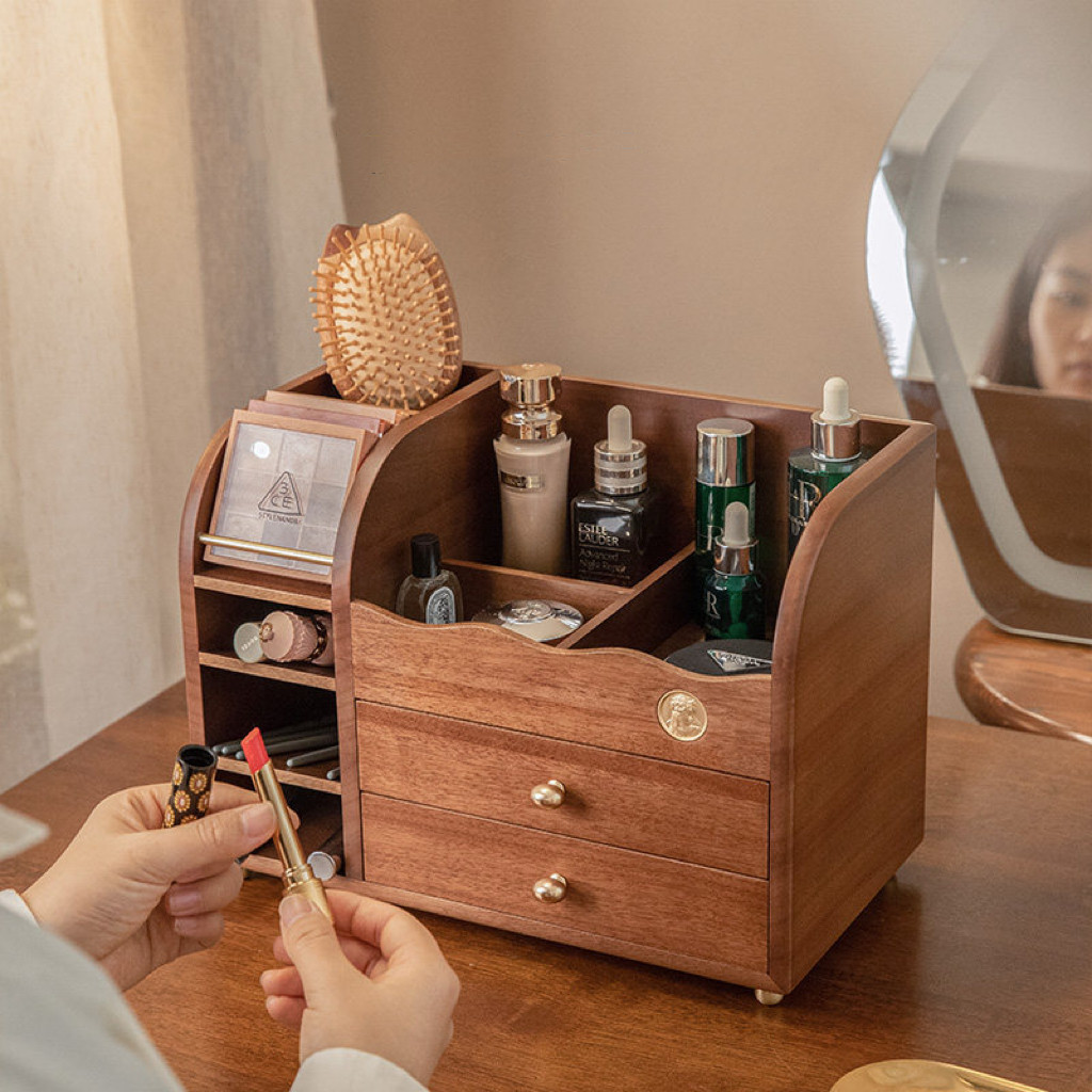 实木化妆品收纳盒桌面梳妆台口红香水置物架旋转笔筒护肤品收纳架,收纳整理,桌面收纳盒,淘宝优惠券,粉丝福利购,淘宝优惠卷