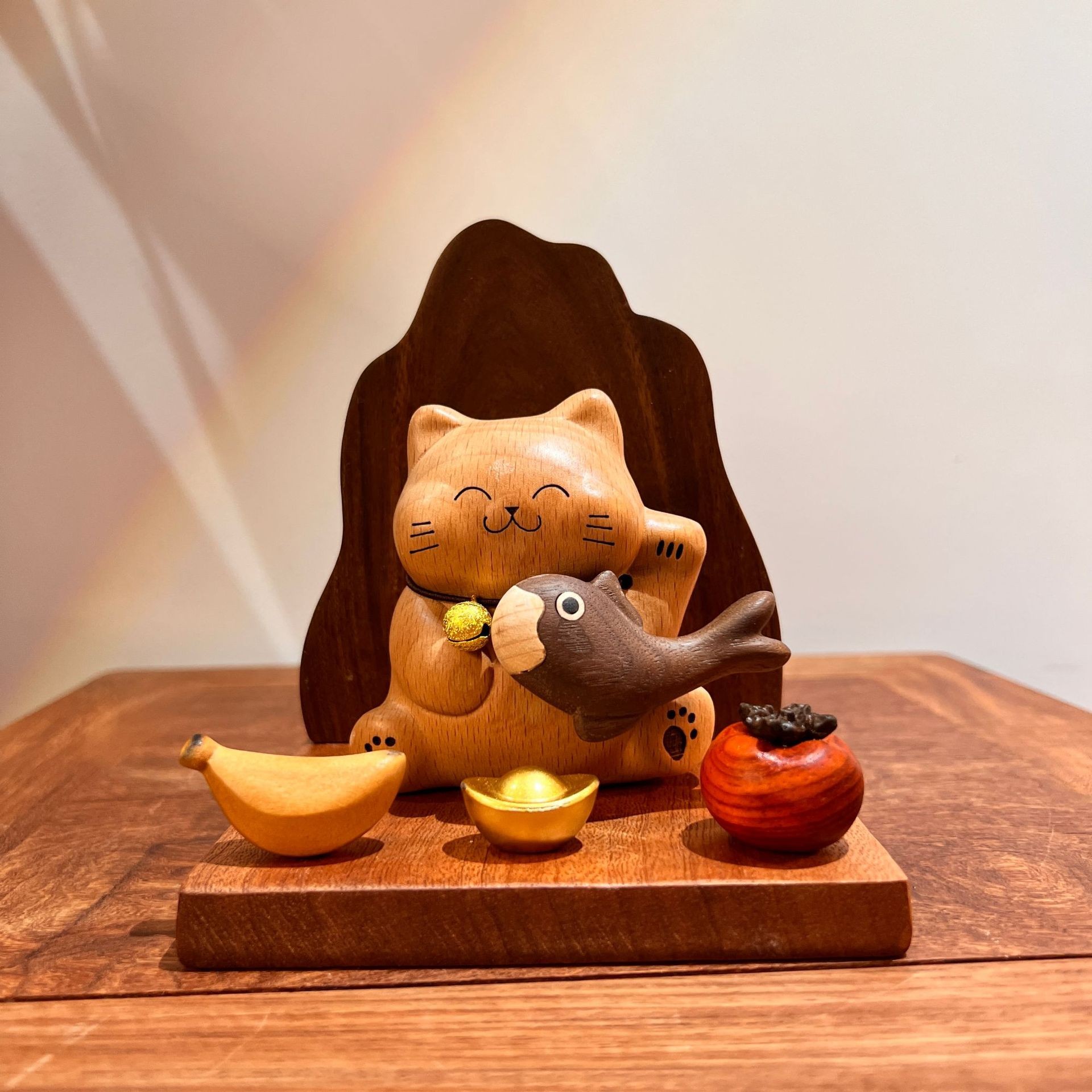 可爱玄关实木招财猫收银台摆件