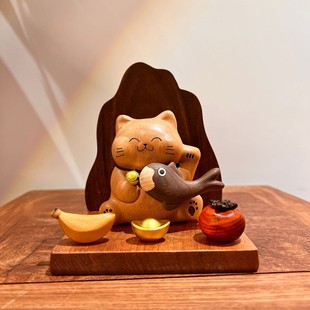 靠山猫神实木质创意玄关招财猫摆件开业乔迁礼品收银台桌面装饰品