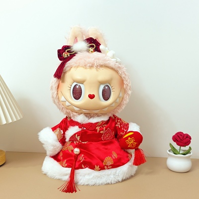 MOKOKO拉布布搪胶毛绒大娃娃衣服着替Labubu公仔衣服新年红连衣裙