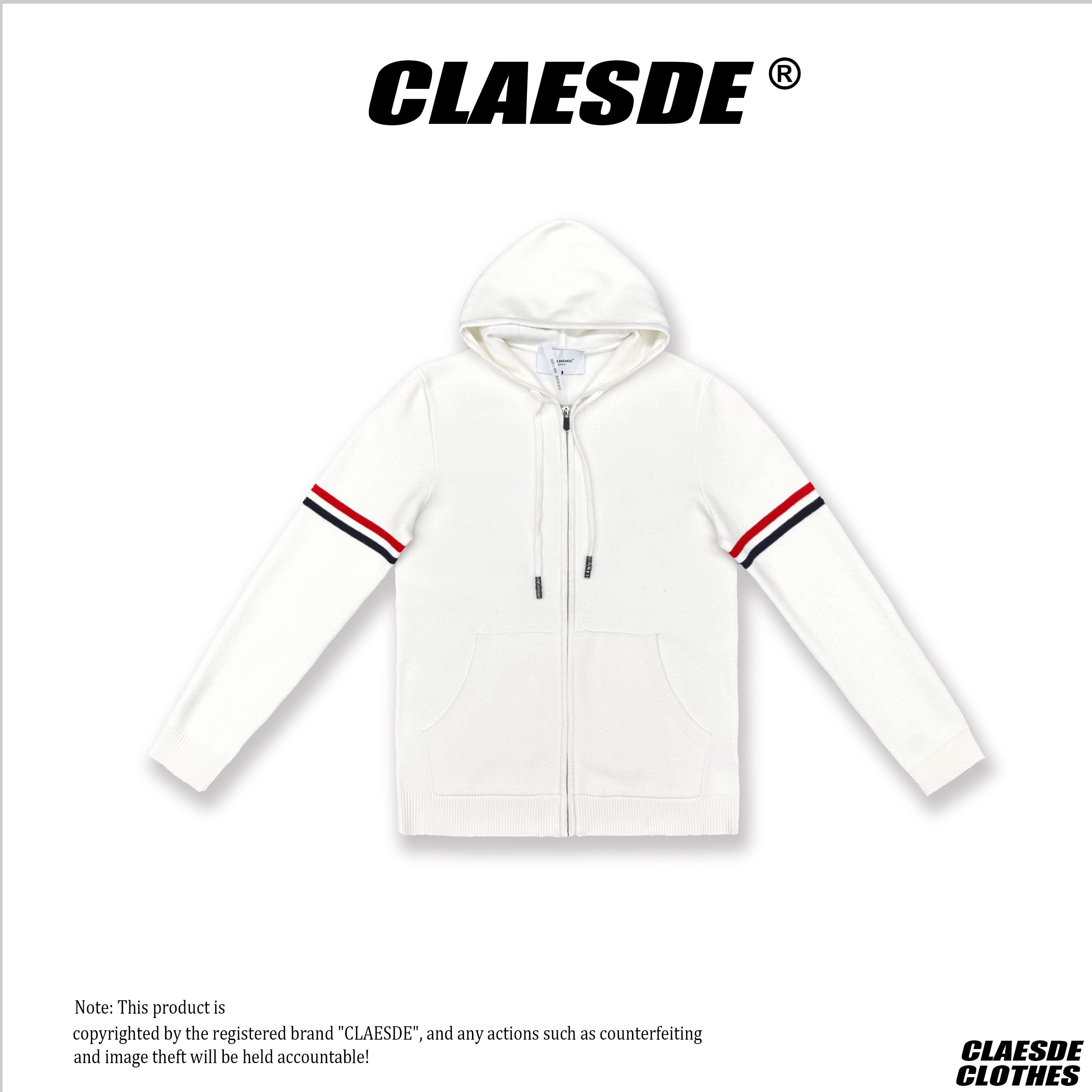 男士连帽拉链针织开衫白色休闲毛衣外套百搭潮牌舒适柔软透气夹克