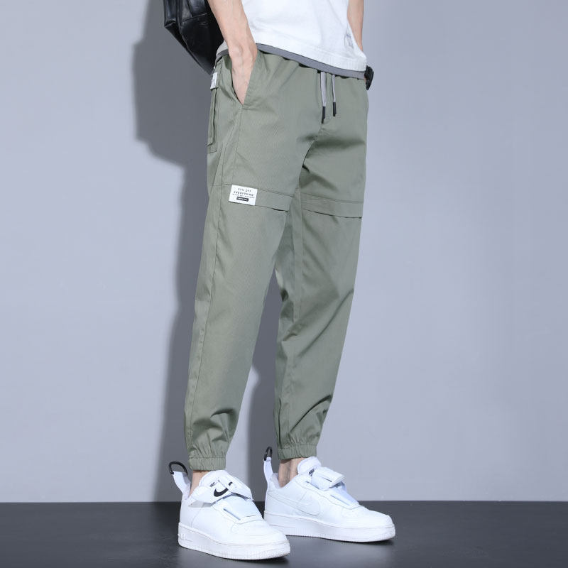 潮牌男士夏季超薄款冰丝运动裤子工装裤哈伦裤宽松束脚九分休闲裤