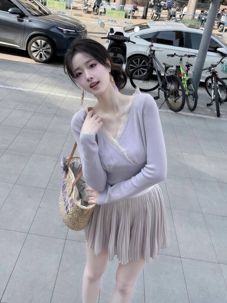 韩系紫色唯美蕾丝V领长袖T恤女夏季修身掐腰短款正肩上衣+短裙女