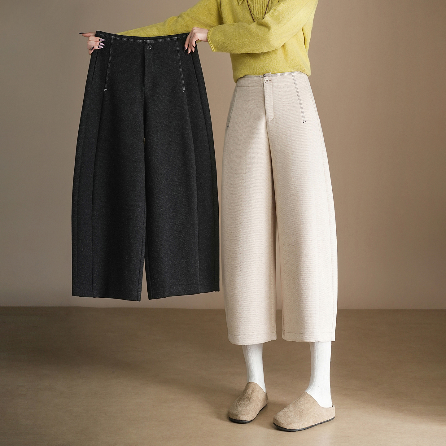 毛呢阔腿裤女秋冬季加厚小个子八分搭配马丁靴垂感宽松九分直筒裤