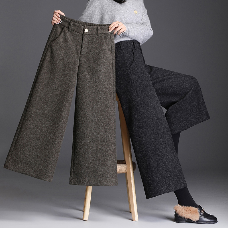 羊毛呢八分阔腿裤女秋冬加厚小个子中年妈妈休闲裤高腰垂感直筒裤
