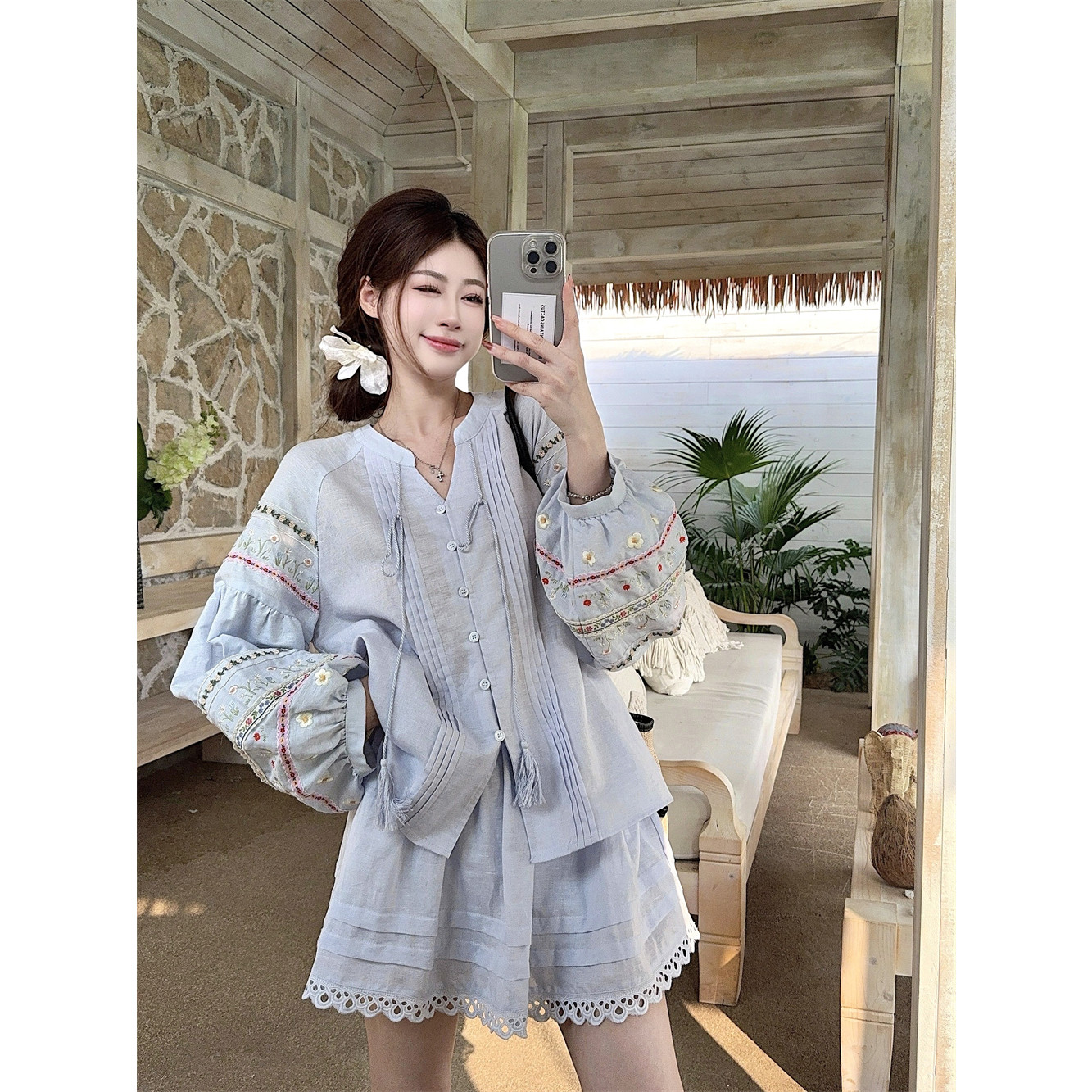 晏来 斯米兰花境 亚麻棉花朵刺绣娃娃衬衫+a字半裙套装女2025夏季
