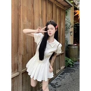 气质小个子收腰甜美短裙 学院风白色泡泡袖 衬衫 连衣裙子女夏季 法式