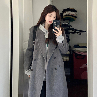 灰色西装毛呢外套女中长款2024秋冬新款小个子高级感正肩呢子大衣