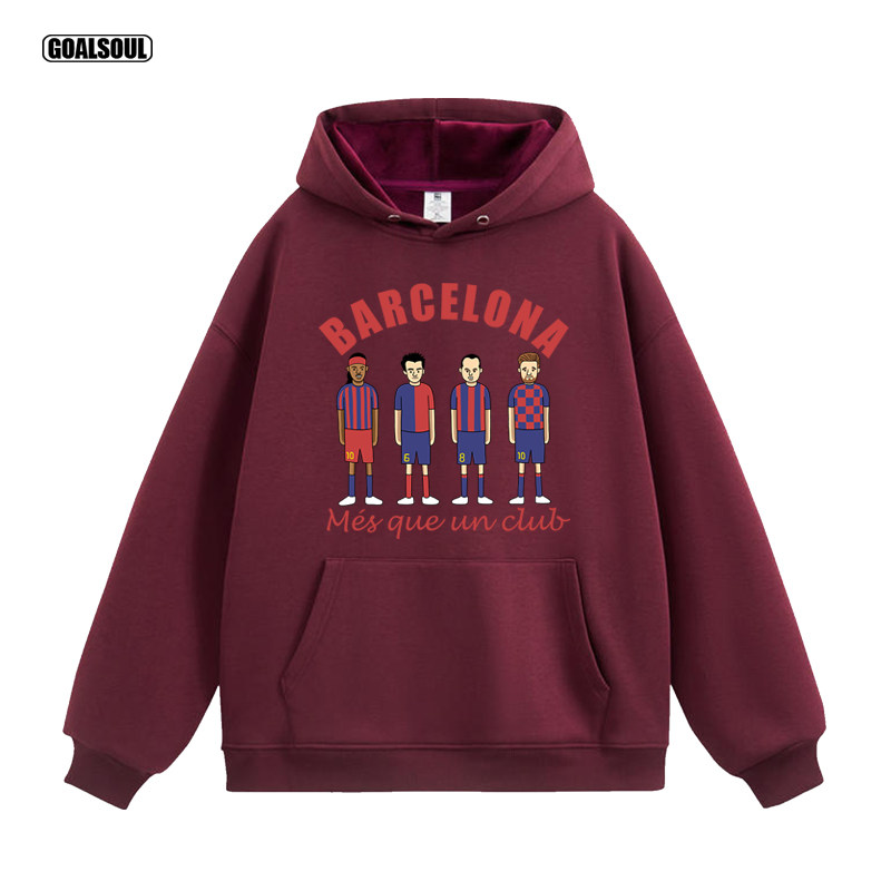 巴萨 连帽卫衣BARCA小罗 梅西 哈维巴塞罗那足球创意插画加绒外套