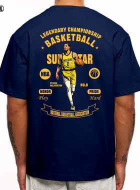 哈利伯顿T恤 步行者HALIBURTON篮球美式复古休闲潮牌重磅纯棉短袖